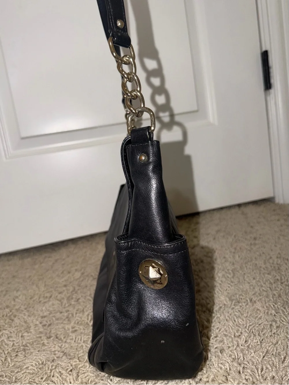 Kate Spade Black Pebbled Leather Flap Shoulder Bag Gold Chain S363 Polka Dot